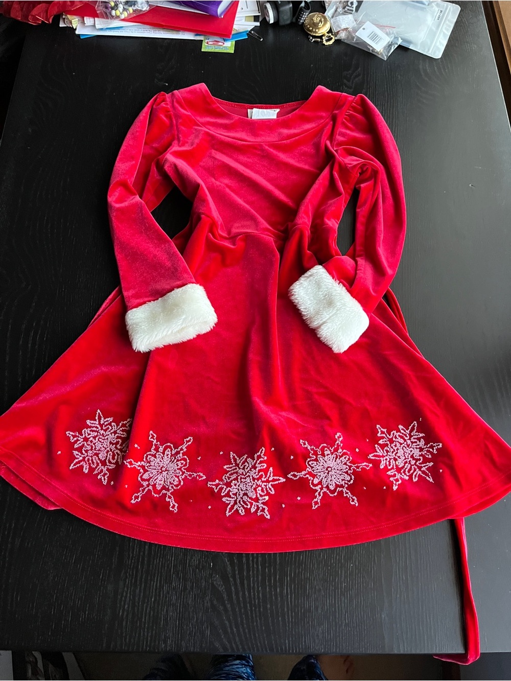 Classic Red Velvet Holiday Dress for Girls with Snowflake Embroidery